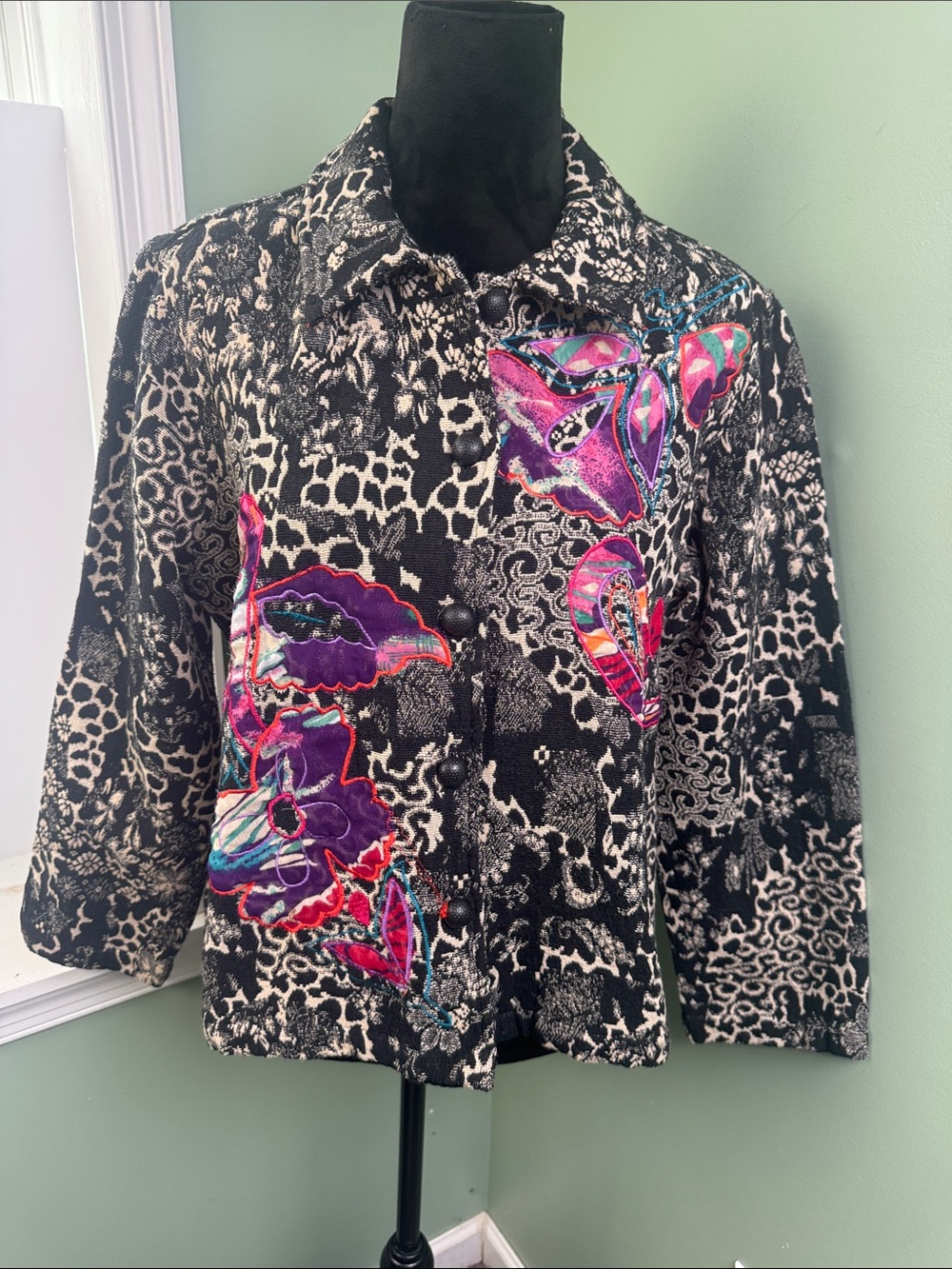 Christopher & Banks Animal Print Jacket with Bright Floral Appliqué Large